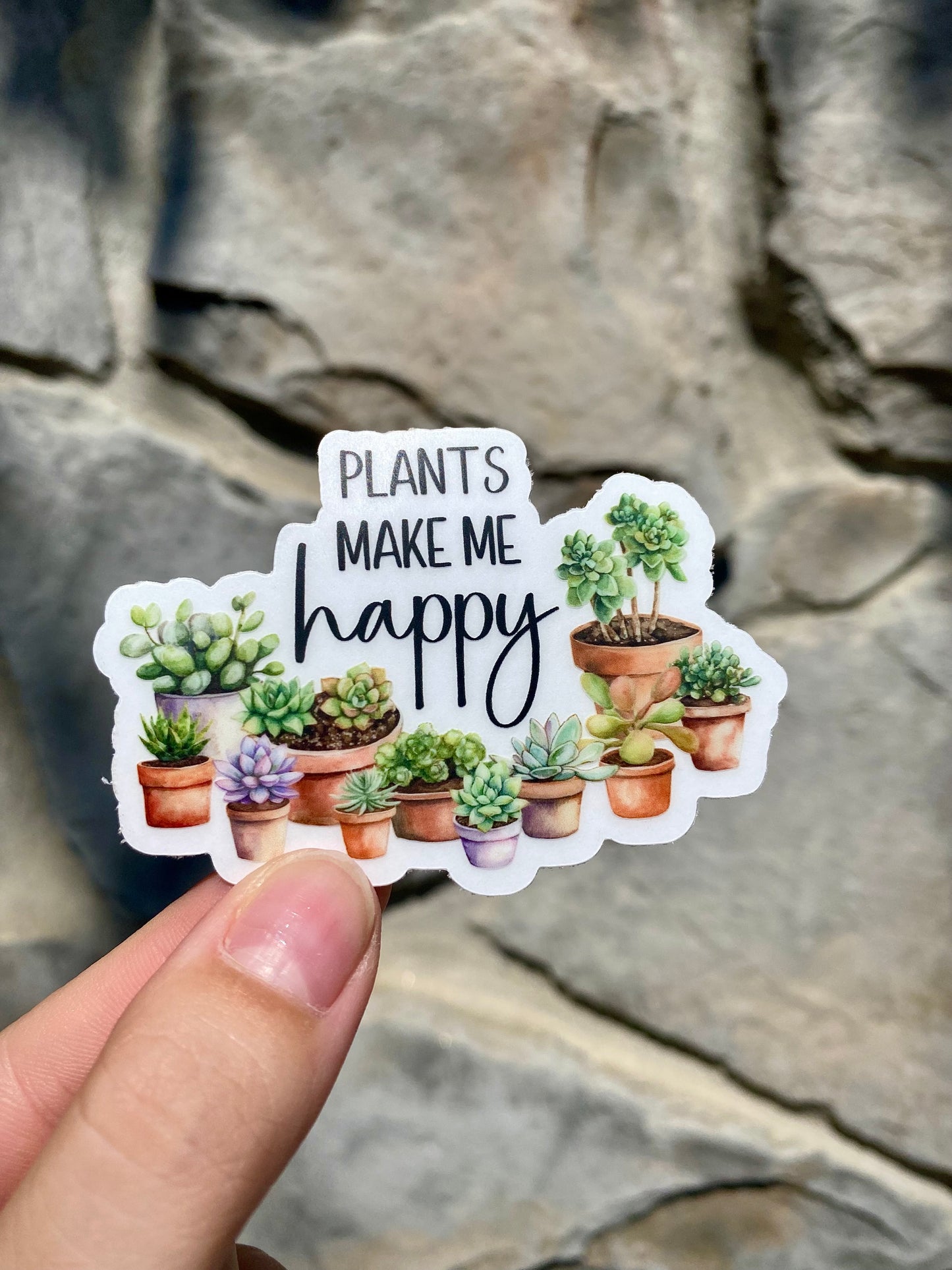 Clear "Plants Make Me Happy" Sticker, 3x2.1in