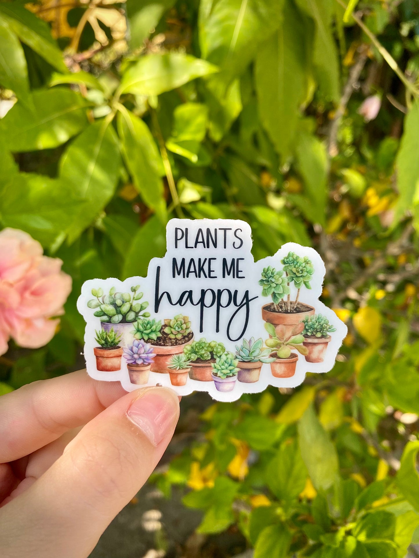 Clear "Plants Make Me Happy" Sticker, 3x2.1in