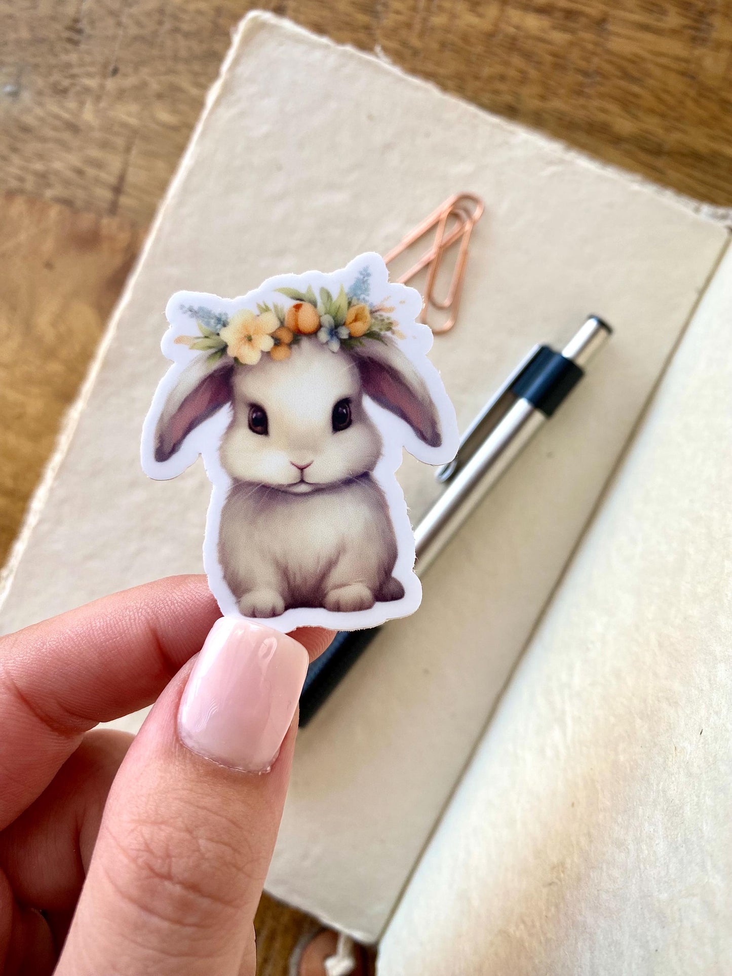 Classic Bunny with Floral Crown Sticker, 1.7x2in