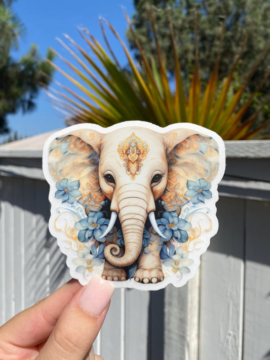 Clear Floral Elephant Sticker, 3.7x4in