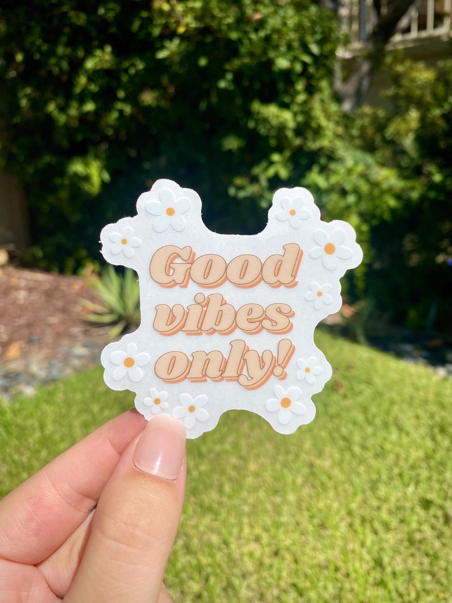 Clear "Good Vibes Only" Sticker, 3x2.9in